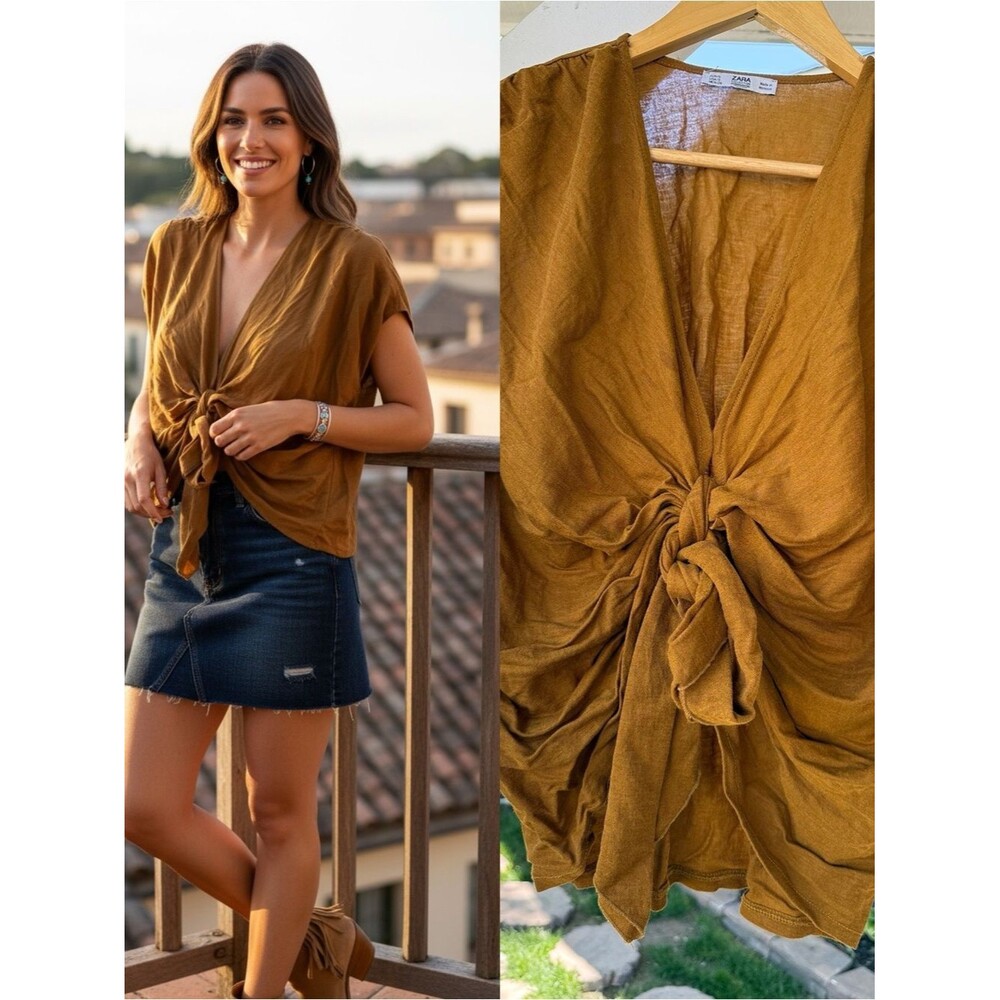 Zara Woman Basic Mustard Twist Front Deep V Blouse Top Size Small